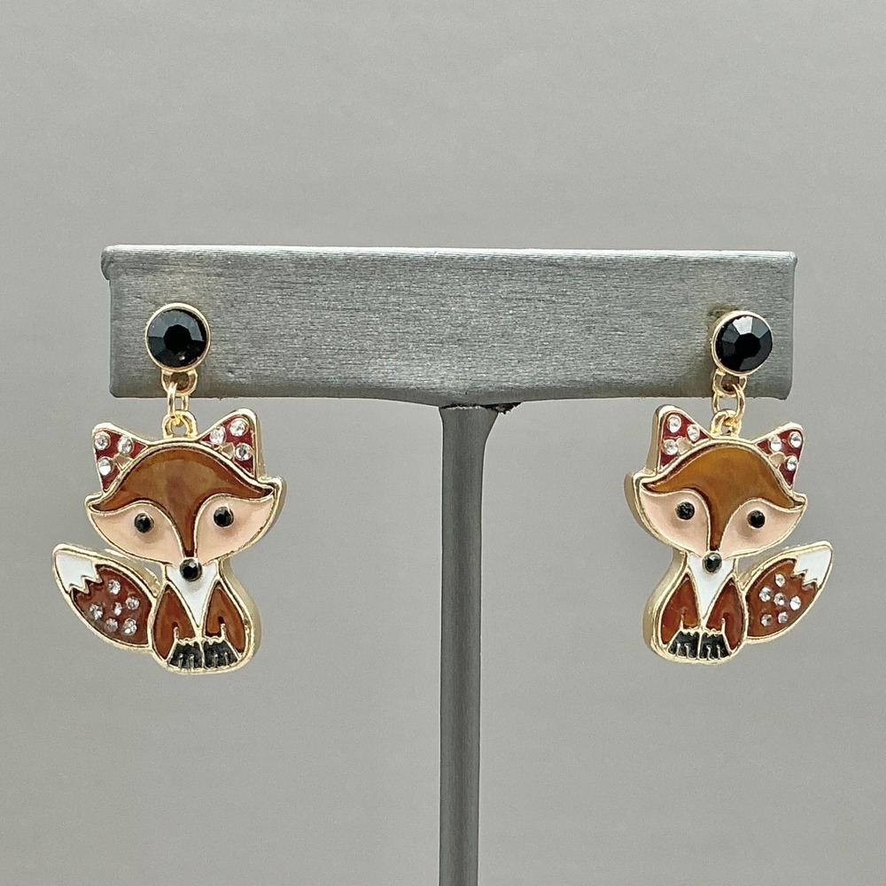 Fox Earrings Womens Brown Enamel Rhinestone Gold Tone Dangle Drop 1.25 Inch